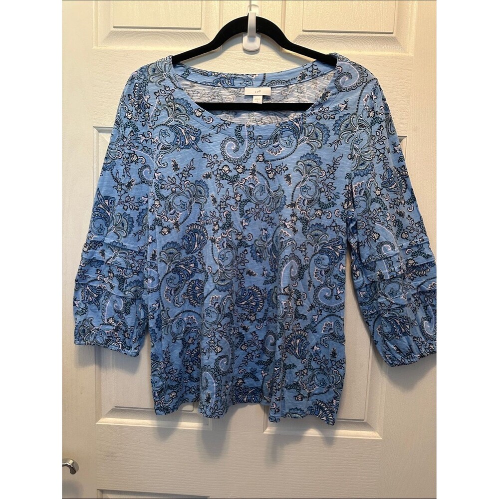 J. Jill Light Blue Paisley Print Women’s Top Elastic Slight Puff 3/4 Sleeve Med
